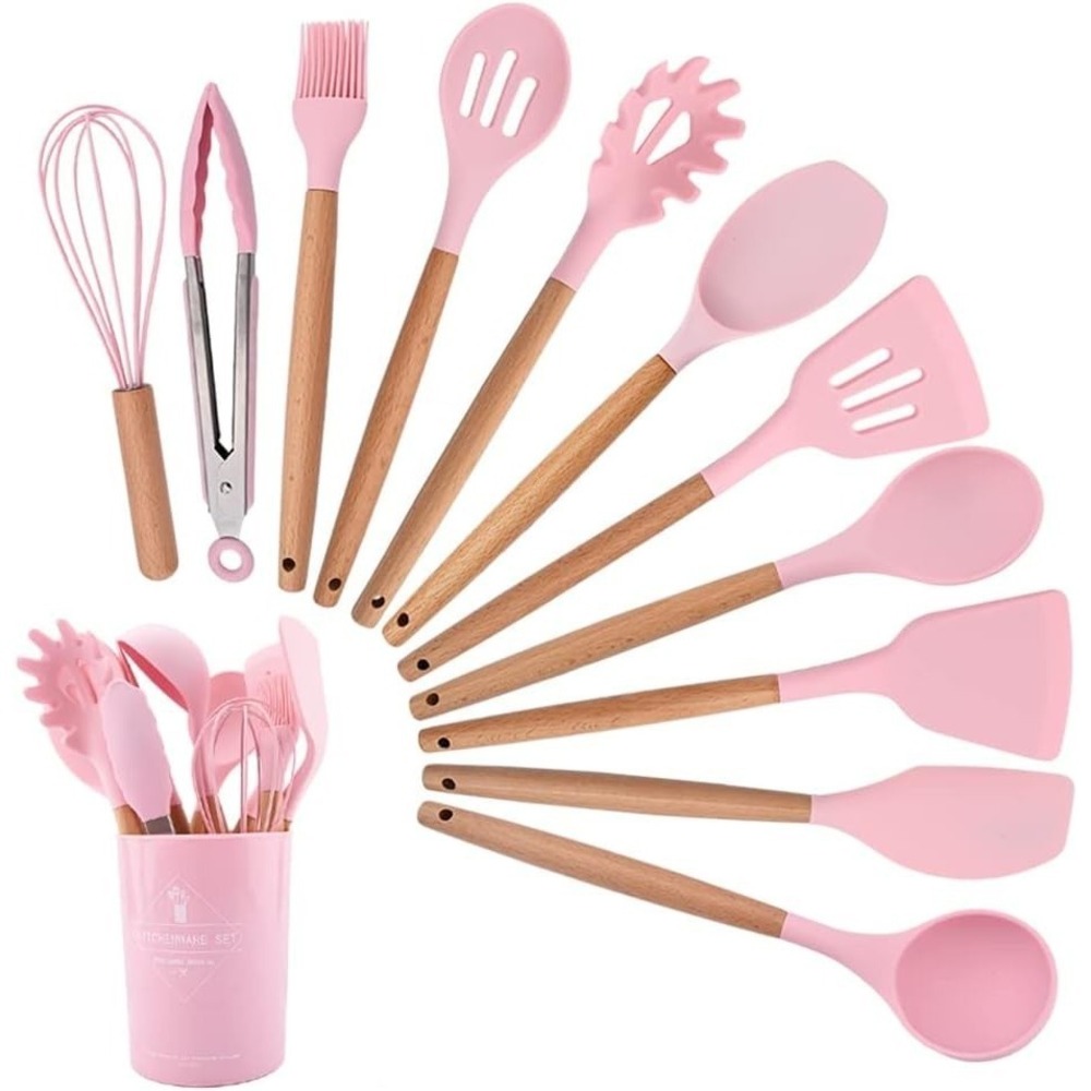12pc Pink Silicone Kitchen Utensil Set with Wooden Handles and Storage Bucket